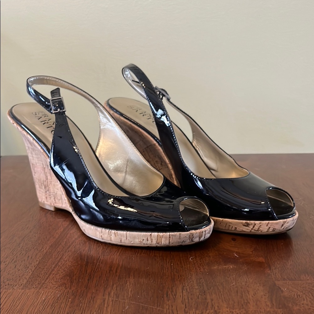 Stylish Black Patent Leather Wedge Sandals